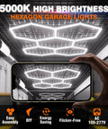 Installed Hexagon LED Garage Light 5-HEX 240W 5000K Daylight in a ceiling view with mobile phone screen display.