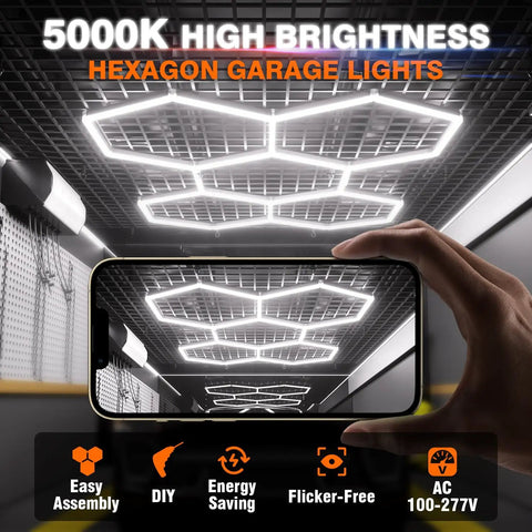 Installed Hexagon LED Garage Light 5-HEX 240W 5000K Daylight in a ceiling view with mobile phone screen display.