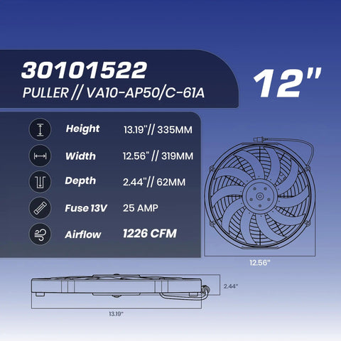 12 inch puller configuration SPAL 12 Inch Curved Blade Puller Radiator Cooling Fan High Performance Electric With 12 Volt Motor Generating Over Twelve Hundred Cubic Feet Per Minute Airflow.