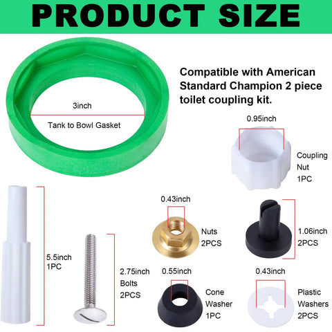 3 Inch Toilet Tank To Bowl Coupling Kit With Gasket Bolts Nuts Washers Wrench And Teflon Tape Easy DIY Repair Kit For Most