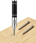 Kickass Five Inch Automatic Center Punch With Heavy Duty Rustproof Steel Body Adjustable Spring Tension And Two Extra Bits For Hella Precise Marking On Iron Or Wood In Your Project, marking a wood surface.