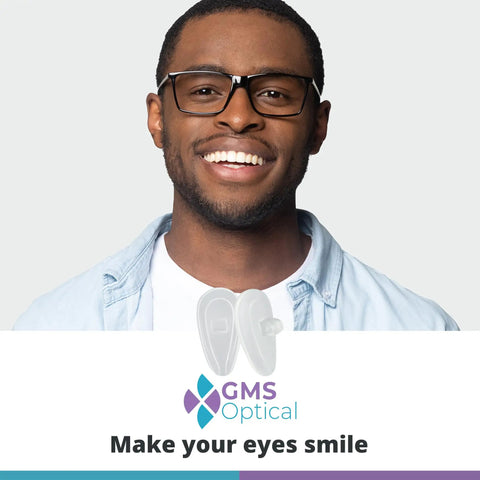 Premium Silicone Screw In Nose Pads For Eyeglasses Ultra Smooth Fit No Sweat Design Slash Redness Quick Solid 14 Mm Medium Build Five Pair Reload Pack Straight Up displayed with a smiling man wearing glasses.