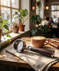 54mm Bottomless Espresso Portafilter with Three Ear Design for Breville and Sage Barista Machines on table with coffee