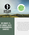 Graphic highlighting donation of 1% of sales to environmental charities, featuring '1% for the Planet' and 'City Harvest London' logos.