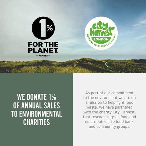 Graphic highlighting donation of 1% of sales to environmental charities, featuring '1% for the Planet' and 'City Harvest London' logos.