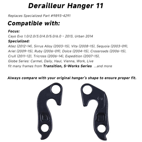 Beefy Rear Derailleur Hanger 11 Replacement for Part 9893-4291 shown in black CNC aluminum, compatible with road and gravel bikes.