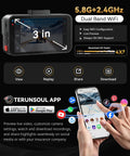 Dual 4K Front And Rear Dash Cam For Cars With 3 Inch IPS Screen and WiFi app interface displayed on smartwatch and phone.