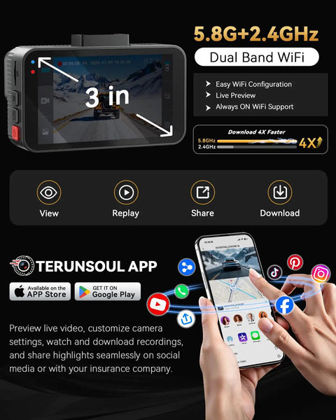 Dual 4K Front And Rear Dash Cam For Cars With 3 Inch IPS Screen and WiFi app interface displayed on smartwatch and phone.