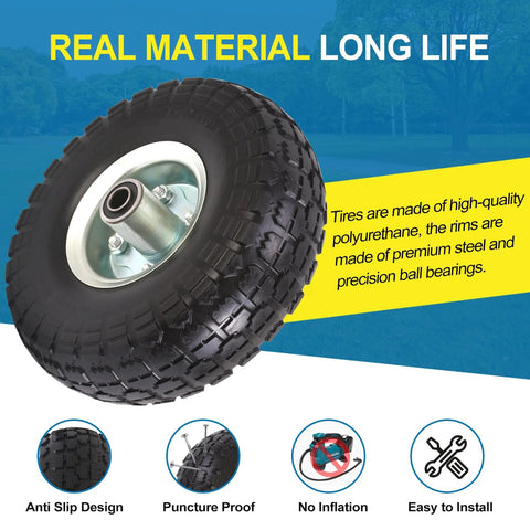 Close-up of Two Pack 10 Inch Solid Polyurethane Tires For Garden Carts Hand Trucks Lawn Carts And Mowers With Flat Free Wheels