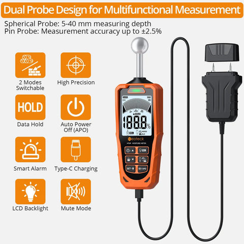 2-In-1 Dual Probe Moisture Meter With LCD Display And Audio Alarm, Pinless Sensor For Non-Destructive Wall And Floor Scanning Up To 40mm, Plus Pin Probe For Precise Moisture Readings In DIY, Construction, And Home Improvement Projects. Orange meter with dual probes and display