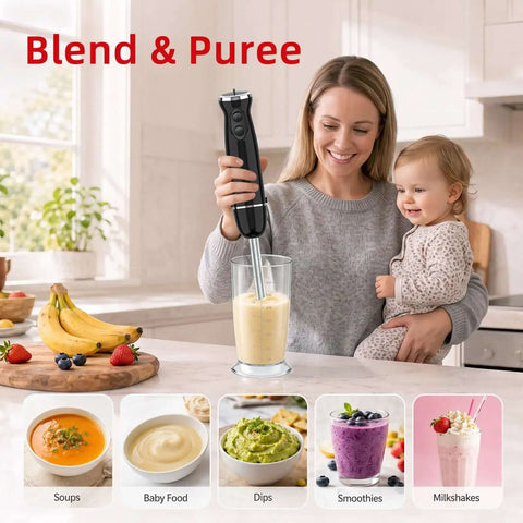 Top Shelf 1000W Five In One Immersion Blender Kit with a woman blending smoothies in a clear cup.