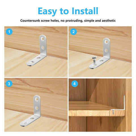 All In One Stainless Steel L Bracket Set With 80 Screws for furniture shelves, 90 degree corner braces installation steps