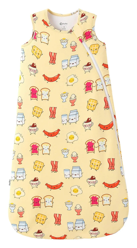 Soft Bamboo Viscose Baby Sleep Sack 1.0 TOG For 0-6 Months with Breakfast Friends pattern, cozy breathable sleeveless design