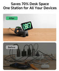 Comparison of desk with Magnetic Wireless Charging Station With 15W Dope Fast Charging for iPhone and cluttered cables before setup.