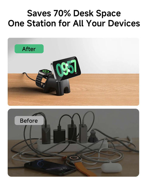 Comparison of desk with Magnetic Wireless Charging Station With 15W Dope Fast Charging for iPhone and cluttered cables before setup.