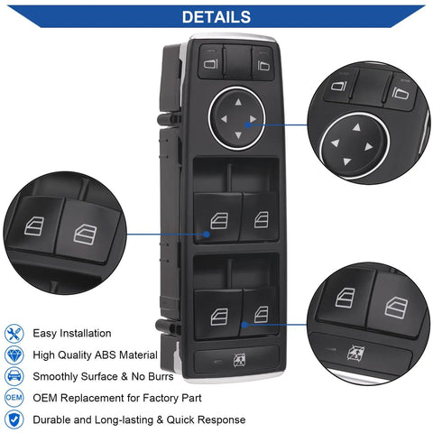 Beefed Up Master Power Window Switch For Front Driver Side Fits 2008 Through 2012 Mercedes C230 C250 C280 C300 C350 C63 AMG E500 E63 GLK350 Replacement A2049055302, detailed view with highlighted features and buttons