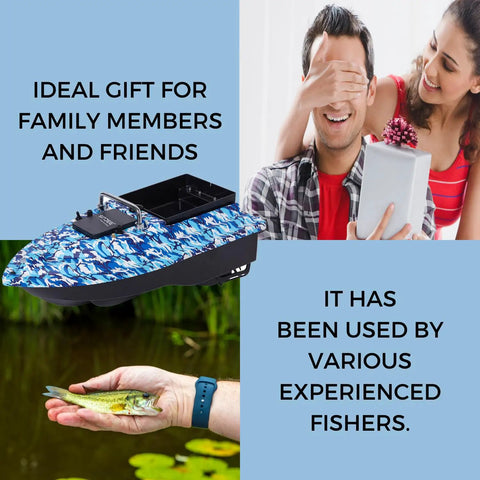 Collage with RC Fishing Bait Boat With Precision Long-Range Delivery, 4.4 Lb Capacity, 328 Yard Range, gift and fishing scenes