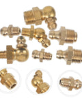 Complete 60-Piece Grease Fitting Kit SAE To 4-28, Straight, 45 Degree And 90 Degree Angles shown in brass material