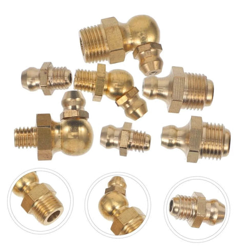 Complete 60-Piece Grease Fitting Kit SAE To 4-28, Straight, 45 Degree And 90 Degree Angles shown in brass material