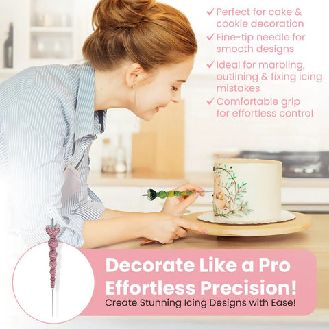Woman using Red Crystal Rhinestone Cake Decorating Scriber Tool Sugar Craft Poking Needle for fondant detailing on cake.