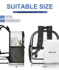 Clear Stadium Backpack 12x12x6 with front pocket and adjustable straps displayed with iPad mini for size comparison.