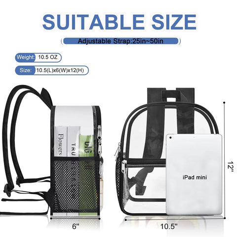 Clear Stadium Backpack 12x12x6 with front pocket and adjustable straps displayed with iPad mini for size comparison.