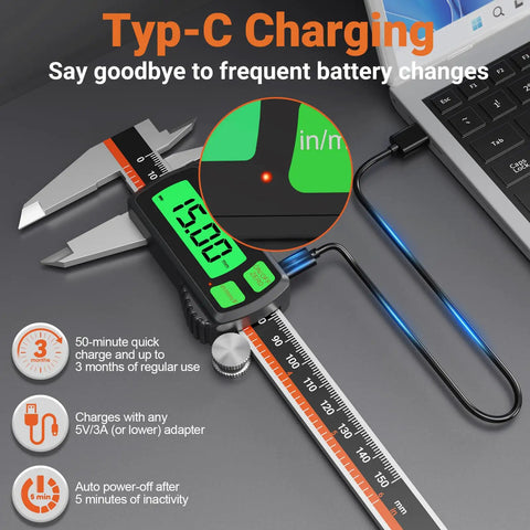 Type-C Rechargeable Digital Caliper With Stainless Steel Vernier, Large Backlit LCD, USB Charging next to laptop on desk.