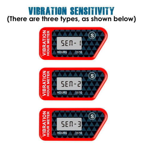 Vibration Hour Counter With LCD Display For Outdoor Power Equipment, Cordless Induction And Dual Time Recording, 3 Sensitivity Modes SEN 1 2 3 For Precise Run Time On Mowers, Generators, Trimmers, Red, shown in SEN 1-3
