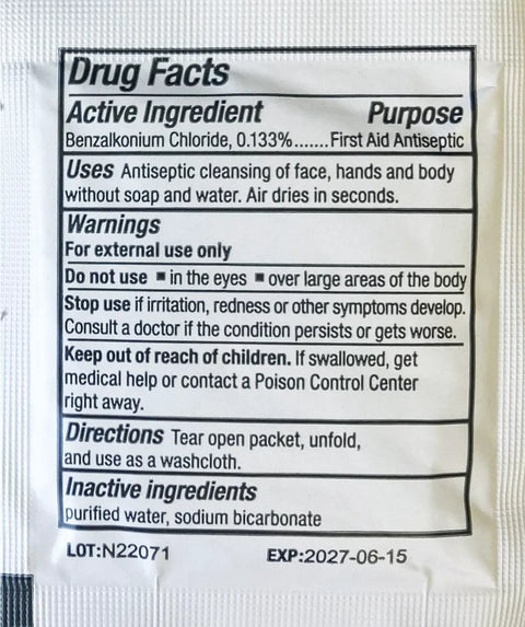 Antiseptic wipe packet label showing Drug Facts with benzalkonium chloride 0.133% for first aid use.