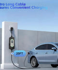 Slick Portable Electric Vehicle Charger 40 Amp Level 2 Charging Station With J1772 And Tesla Adapter Nema 14-50 Plug 25 Foot Heavy Duty Cable in use with 25ft cable connected to an EV.