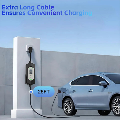 Slick Portable Electric Vehicle Charger 40 Amp Level 2 Charging Station With J1772 And Tesla Adapter Nema 14-50 Plug 25 Foot Heavy Duty Cable in use with 25ft cable connected to an EV.