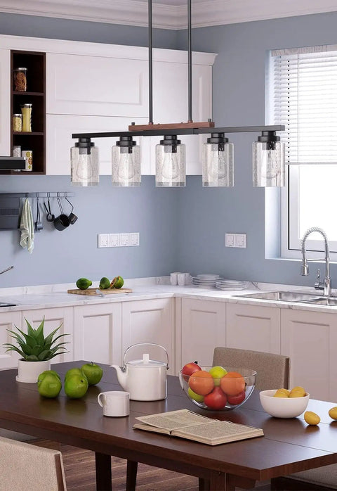 Straight Up Modern Farmhouse 5 Light Dining Room Chandelier With Dope Seeded Glass Shades Galvanized Steel Island Ceiling Fixture Lighting Top Shelf Kitchen Vibes over dining table.