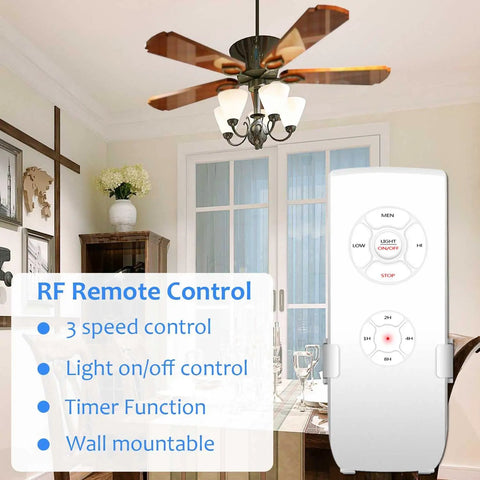 WiFi Ceiling Fan And Light Remote Control Kit Compatible With Alexa And Google Phone App Control Without Hub Universal Ceiling Fan Light Remote Includes RF Remote And Smart Switch For Speed And Light On Off, shown with fan and remote in living room.