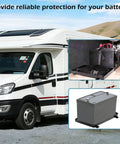 Rock Solid Group 27 Battery Tray With Quick Release Strap For Automotive Marine Rv And Boat Secure Mount Up To 7X12 Point 5 Inches Heavy Duty Anti Vibration Base Two Pack Ironclad Grip installed in RV.