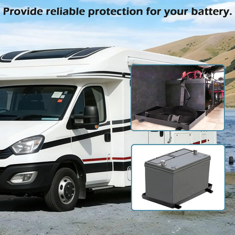 Rock Solid Group 27 Battery Tray With Quick Release Strap For Automotive Marine Rv And Boat Secure Mount Up To 7X12 Point 5 Inches Heavy Duty Anti Vibration Base Two Pack Ironclad Grip installed in RV.