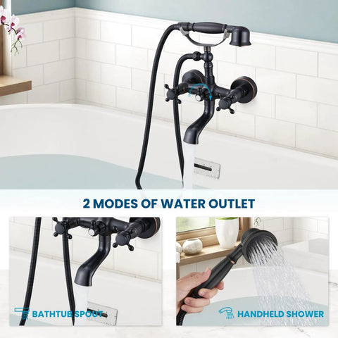 Close-up of oil rubbed bronze wall mount clawfoot bathtub faucet with handheld sprayer, showing 2 water outlets and swivel spout.