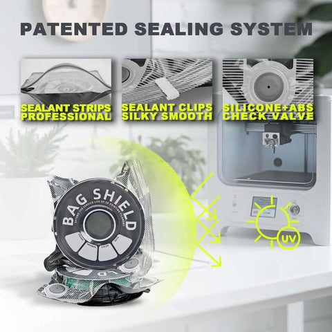 Vacuum Sealed 3D Printing Filament Kit With 20 Lightproof Bags And Vacuum Pump For Moisture Proof Storage Of PA DP PC PLA ABS TPU ASA PETG Desiccant Included with patented sealing system details and Bag Shield display.