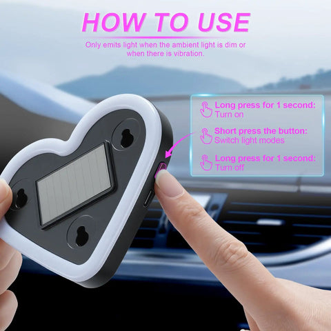 Back view of Pink Heart Shaped Car Interior Ambient Light For Windows With 5 Modes Type C And Solar Charging Easy Suction Cup Install