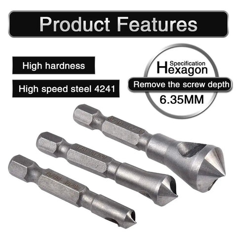 Heavy Duty 3 Piece Countersink Chamfer Drill Bit Set With One Quarter Inch Hex Shank High Speed Steel Knockout Deburring Tool For Wood Metal Plywood And Clean Edges That Work Like A Charm features three high speed steel bits.