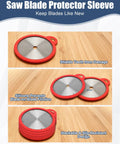 Tough As Nails Silicone Saw Blade Protector Sleeve For 10 Inch Circular Blades shown on wooden work surface, stackable design.