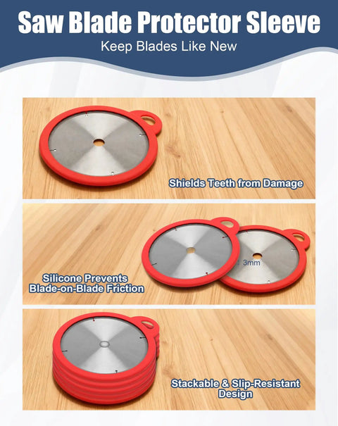 Tough As Nails Silicone Saw Blade Protector Sleeve For 10 Inch Circular Blades shown on wooden work surface, stackable design.