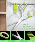 Upgraded Herb Scissors Set With Leaf Stripper And Five Blade Stainless Steel Kitchen Shears For Easy Chopping Of Herbs And Veggies, Peelers Included, A Great Gift For Parsley, Rosemary, Chive, Salad Greens And More. Stainless steel 5-blade scissors with silicone handle and leaf stripper