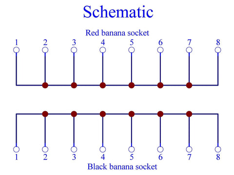 Schematic of Eight Outlet DC Power Distribution Strip with sockets labeled 1 to 8 for lab gear pro audio and workshop use.