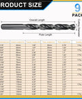 9 Pack High Speed Steel Drill Bit Set 1/16 To 3 Inch Sizes M2 Bits For Metal Wood Jobs Black Oxide Split Point Tough Stuff size chart