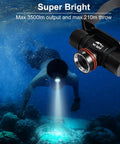 Diver using H800 3500 Lumen Scuba Diving Headlamp With TIR Lens underwater, emitting bright light for night dives, snorkeling.