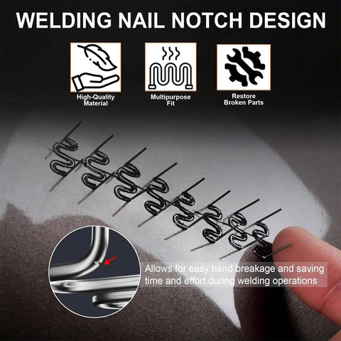 Close-up of Dual Size Wave Shape Plastic Welding Staples Set, 1000Pcs for car bumper repairs, showing wave staples design.
