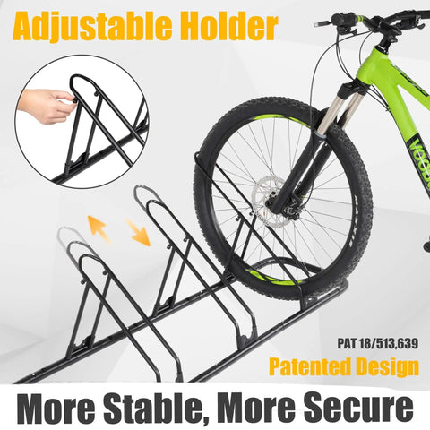 Go To Bike Floor Parking Rack For Indoor Garage Storage And Home Use Adjustable 4 Bike Capacity Stable Bike Stand With Tire Grooves featuring a green mountain bike