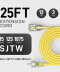 25 Foot Heavy Duty Outdoor Extension Cord With Waterproof Weatherproof Build LED Lighted Outlet And Locking Receptacle 125V 15A 1875W 3 Prong SJTW Electrical Power Cord ETL Listed Yellow coiled with plugs visible