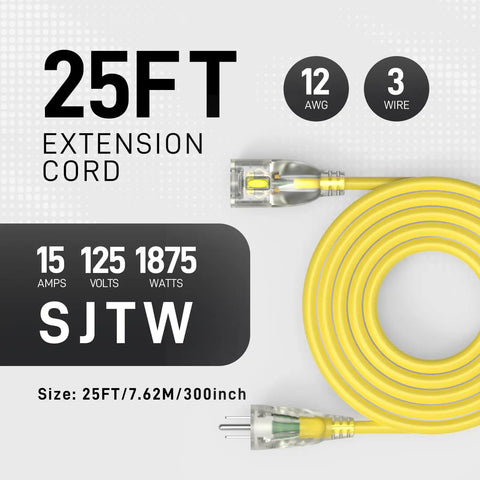 25 Foot Heavy Duty Outdoor Extension Cord With Waterproof Weatherproof Build LED Lighted Outlet And Locking Receptacle 125V 15A 1875W 3 Prong SJTW Electrical Power Cord ETL Listed Yellow coiled with plugs visible