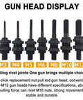 Heavy Duty Pneumatic Rivet Nut Gun Badass Air Tool For Fastening Bolts Includes M3 Through M12 Threads Gun heads display M3 to M12 sizes.